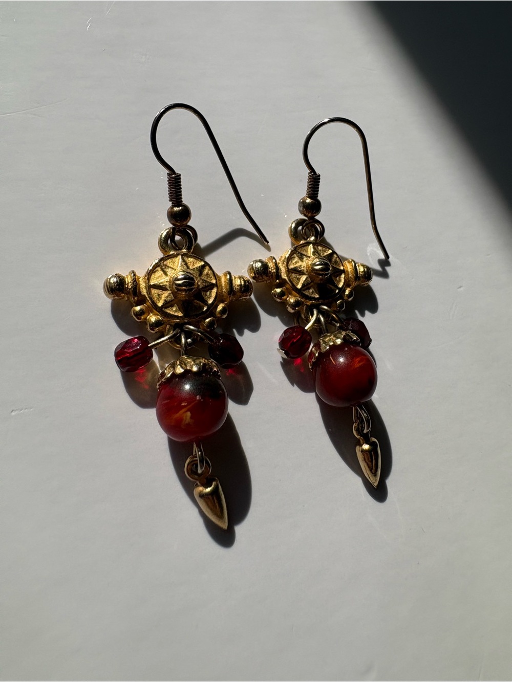 Vintage Gold Byzantine Etruscan Sun Cross Coral Carnelian Dangle Earrings